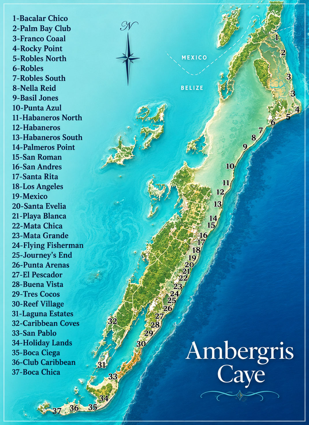 Map of Ambergris Caye, Belize showing north Ambergris Caye near the Mexico border where Bacalar Beach is located