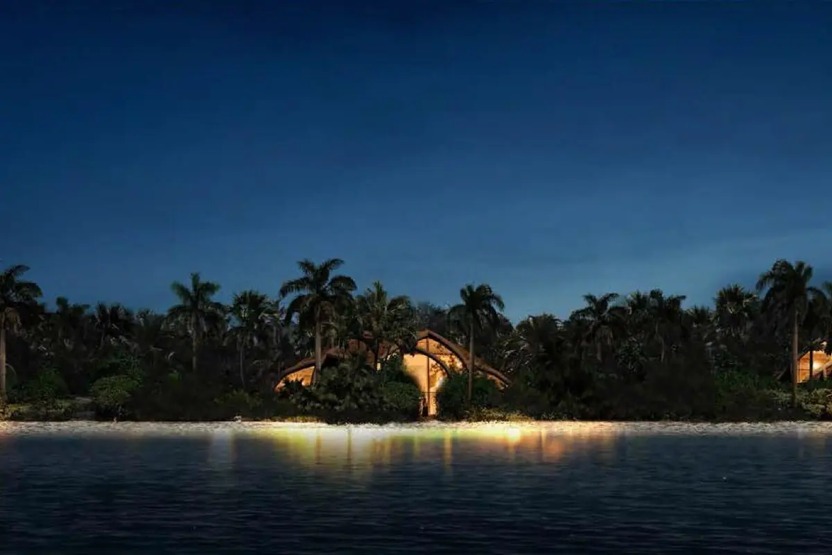 Conceptual rendering of low-density villas along a palm shoreline at dusk