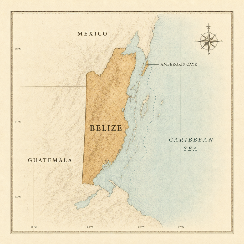 Cartographic illustration of Belize on the eastern coast of Central America, bordered by Mexico, Guatemala and the Caribbean Sea, with Ambergris Caye marked along the barrier reef.