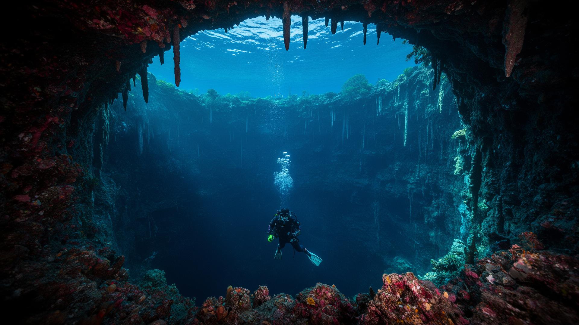 Scuba diver descending into the Great Blue Hole, a UNESCO World Heritage site in Belize
