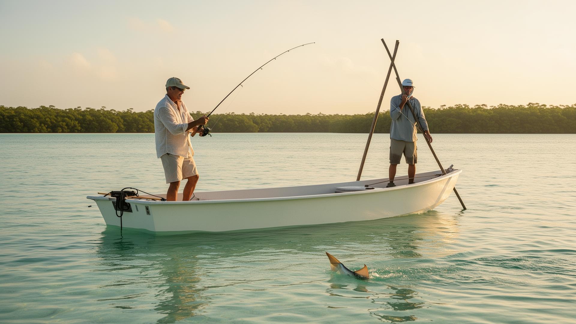 Fly fisherman casting from a poling skiff on the Caribbean flats off Ambergris Caye, Belize