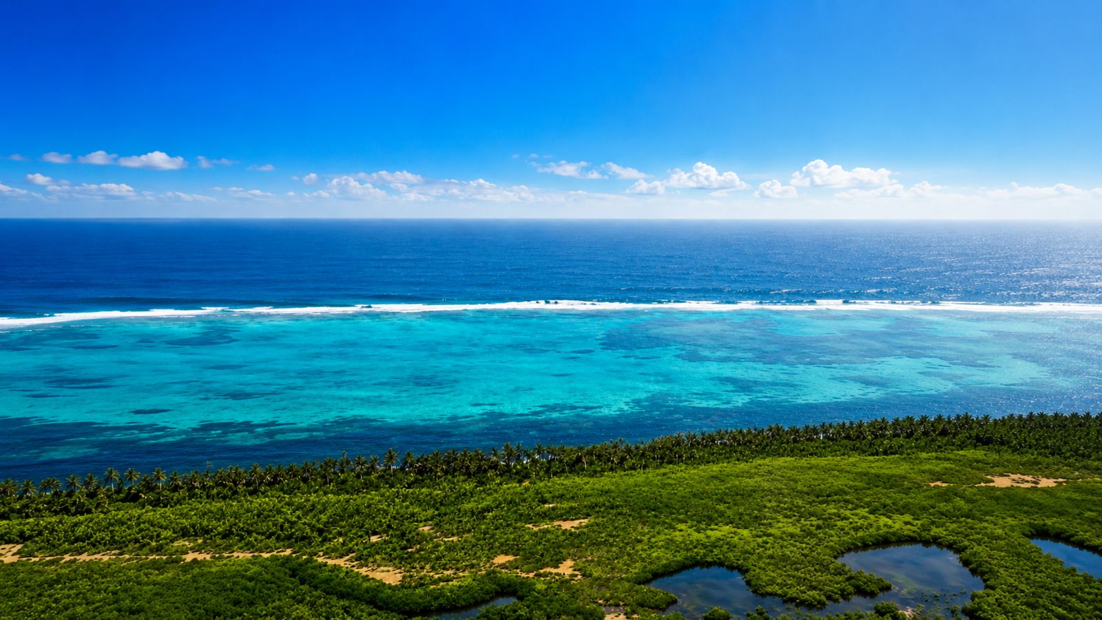 Aerial panorama of the Mesoamerican Barrier Reef breaking offshore from the mangrove and palm shoreline of Bacalar Beach