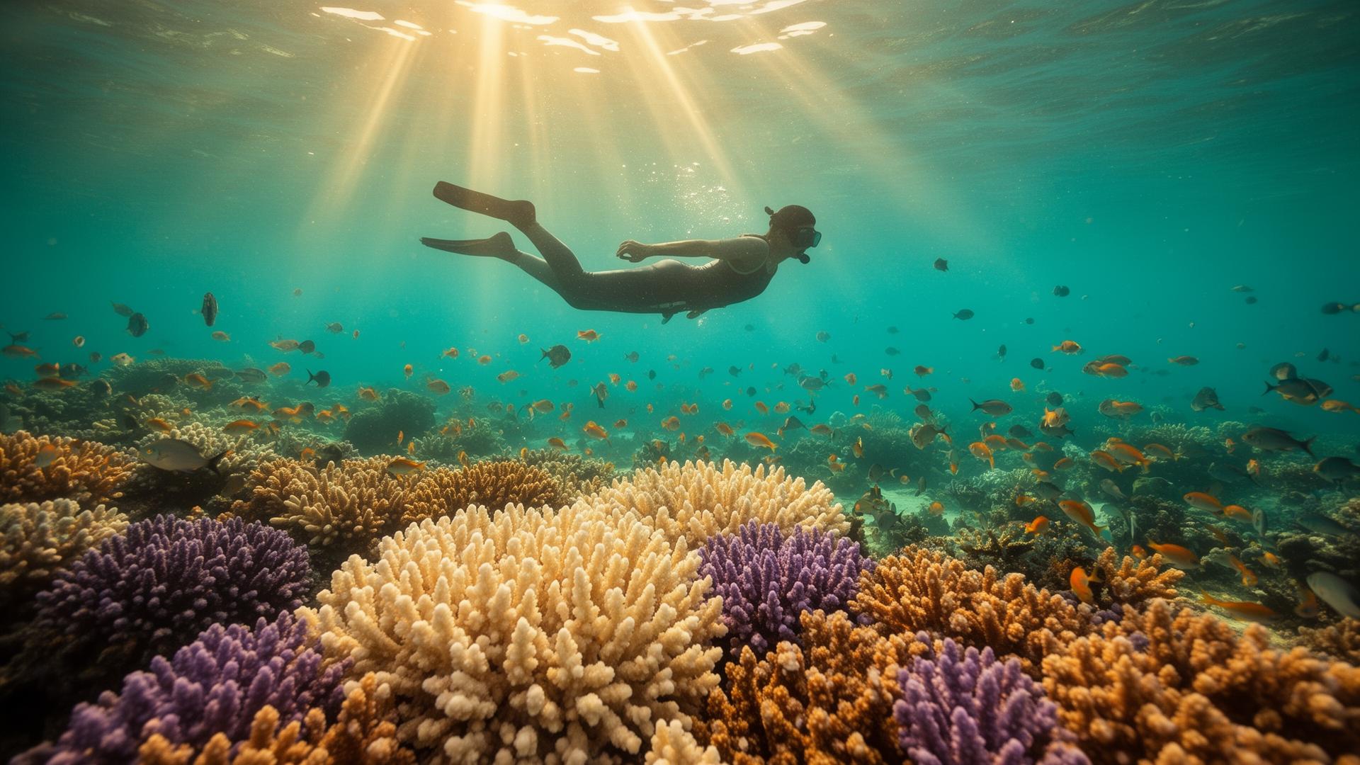Snorkeller drifting over vibrant coral gardens on the Belize Barrier Reef